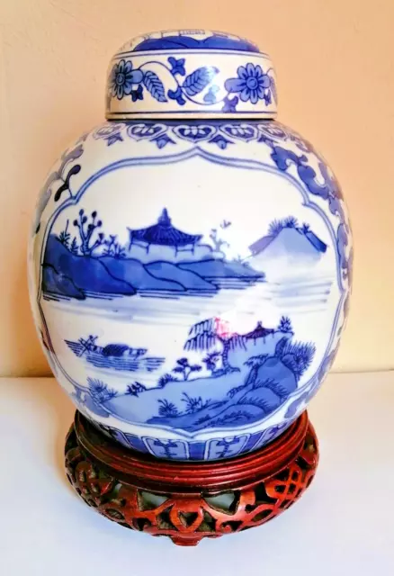 Grand POT à GINGEMBRE avec support porcelaine faïence bleu blanc CHINE