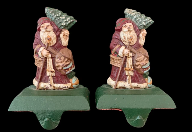 2 Vtg Midwest Cannon Falls Painted Cast Iron Victorian Santa Xmas Stocking Hooks