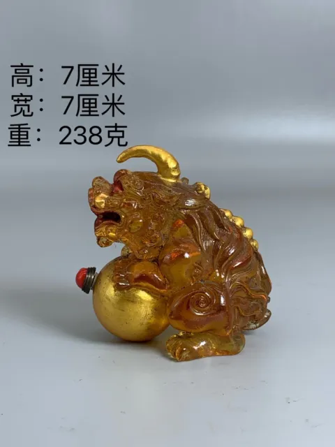Chinese Old Coloured glaze gilt Hand Carved Exquisite unicorn Snuff bottle