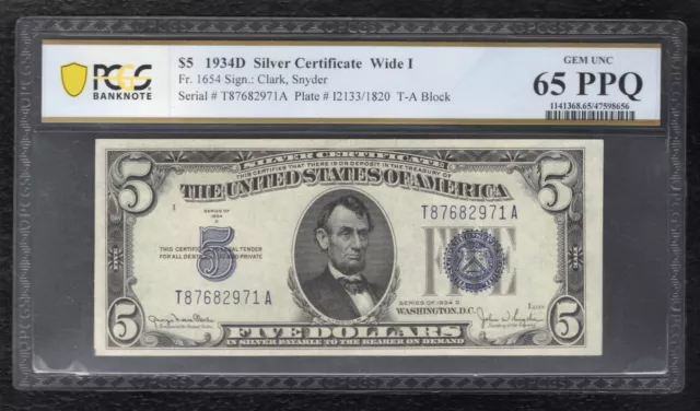 Fr. 1654 1934-D $5 Wide I Silver Certificate Pcgs Banknote Gem Unc-65Ppq (J)