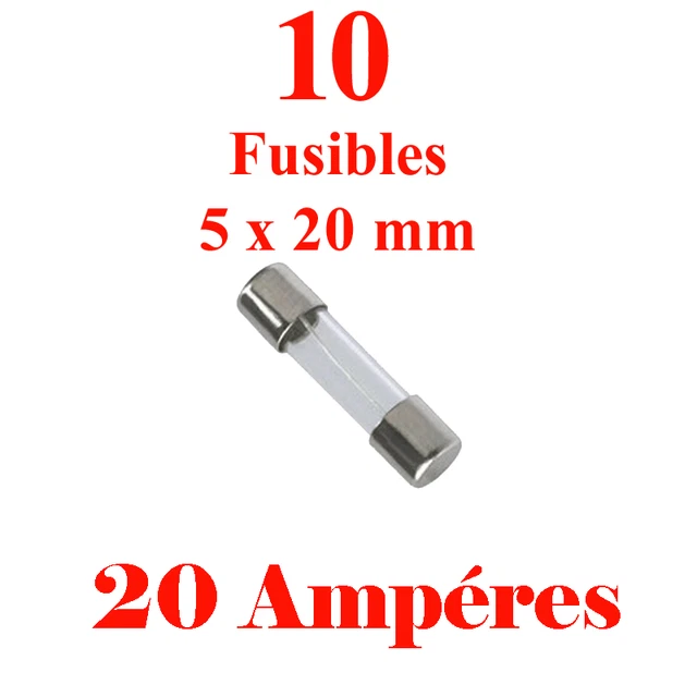10 Fusibles en Verre 5 x 20 mm Puissance 20 Ampéres