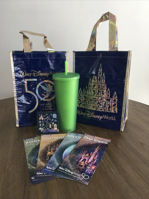 WALT DISNEY WORLD STARBUCKS 50th ANNIVERSARY GREEN TUMBLER, GIFT CARD, PARK MAPS