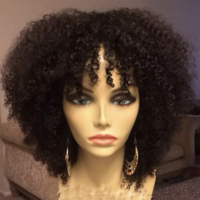 Short Afro Curly Human Hair Wigs with Bangs Mongolian Kinky Curly Lace Front Wig