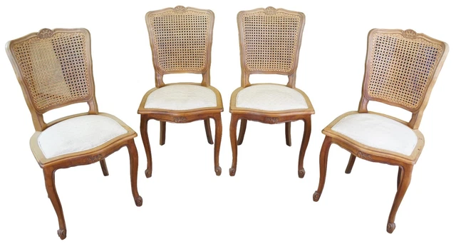 4 Vintage 1980s Tricoire Louis XV Country French Walnut Cane Dining Side Chairs 4 Vintage 1980s Tricoire Louis XV Country French Walnut Cane Dining Side Chairs