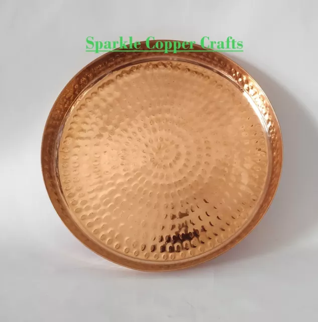 Handmade Hammered Vintage Royal Food Serving Pure Copper Thali Round Tray