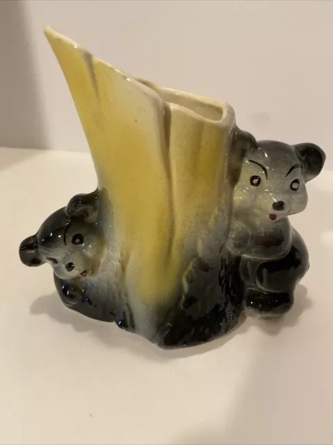 McCoy Vintage Planter Vase Pottery Ceramic Bear Cubs Tree Stump MCM