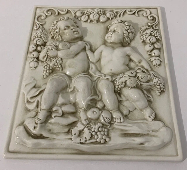 CARRARO Majolica Porcelain Wall Plaque Tile Art Cherubs Fruit Grapes 12"x11