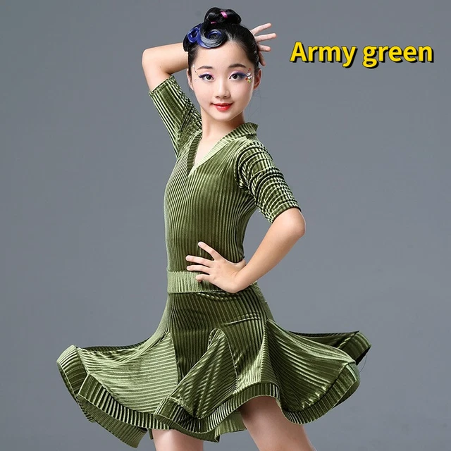 Velluto Bambina Ruffles Vestito Costume Danza Abiti per la Latino Tango