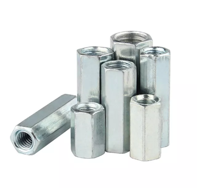 M6-M20 Hex Nuts Hexagon Connection Nut Coupling Rod Bar Stud Steel Zinc Plated