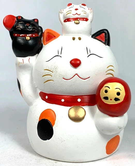 Maneki Neko Figurine Statue Triple Lucky With Daruma Japan Pottery Good Luck
