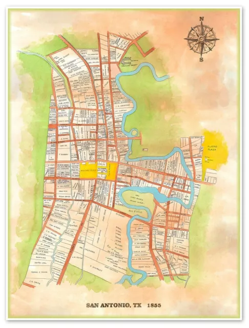 Landowners Map of San Antonio Texas as in 1855 - Vintage Themed Home Decor