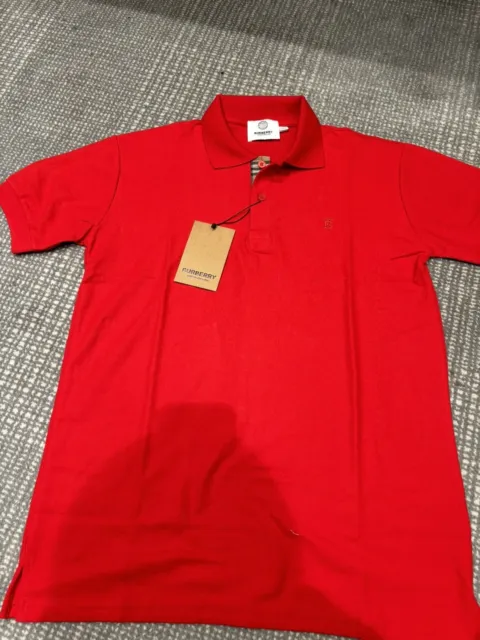 Burberry Short Sleeve Men's Solid Check Polo Shirt Red Medium