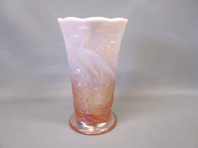 Fenton Art Glass Pink Opalescent Carnival PEACOCK BIRD 7.75" tall Vase