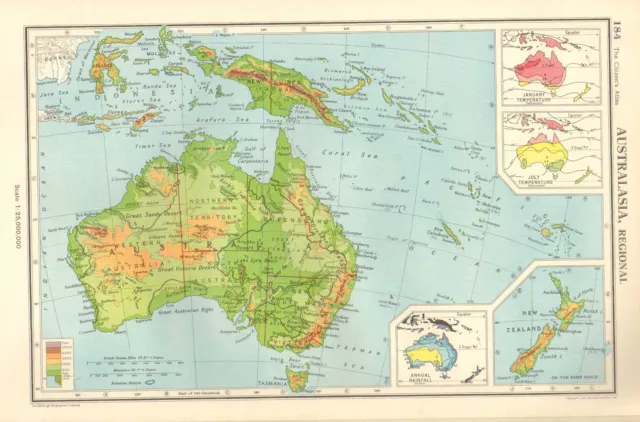 1952 Map ~ Australia ~ Physical Annual Rainfall New Zealand New Guinea Indonesia