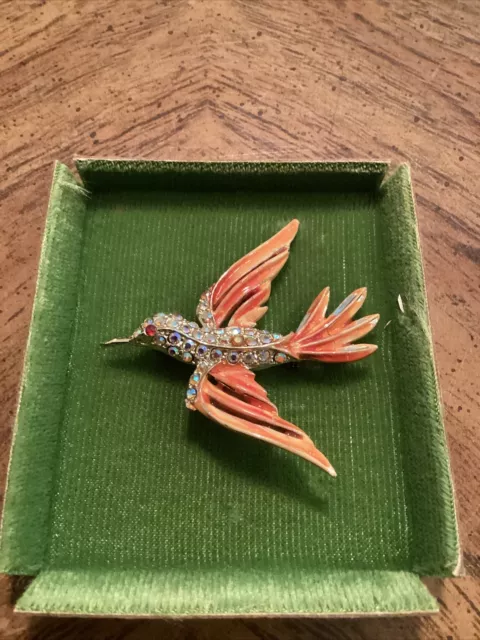Vintage Red Pink Enamel Flying Swallow Bird Gold Tone Rhinestone Brooch Pin GUC