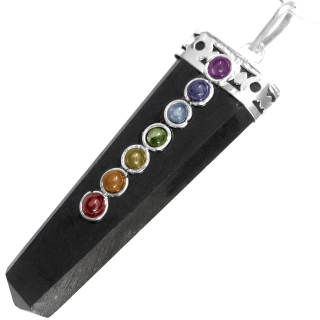 Obsidian 7 Chakra Pendant Silver Crystal Gemstone Necklace Reiki Healing CHARGED