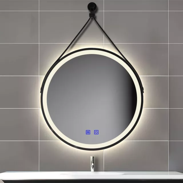 Bathroom Mirror with Black Framed Leather Strap 3 Colors LED Lights Demister 2