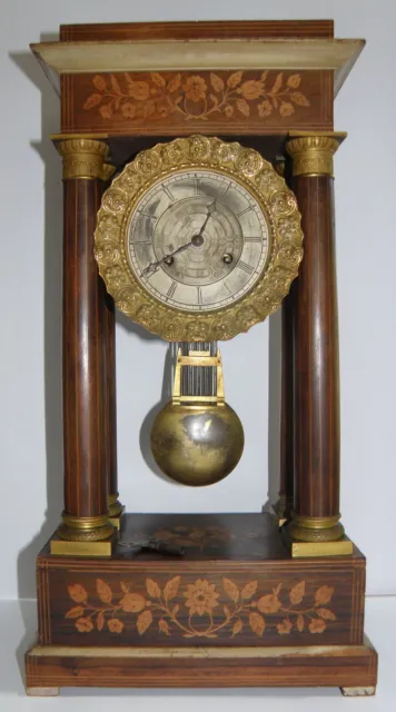 Mid-19th Century French Empire Carved Marquetry Portico Mantel Clock. c. 1860+