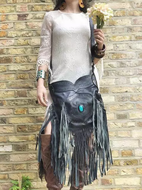 Black LEATHER TASSEL BAG Fringe Native American Boho Western Hippie Vintage 70s