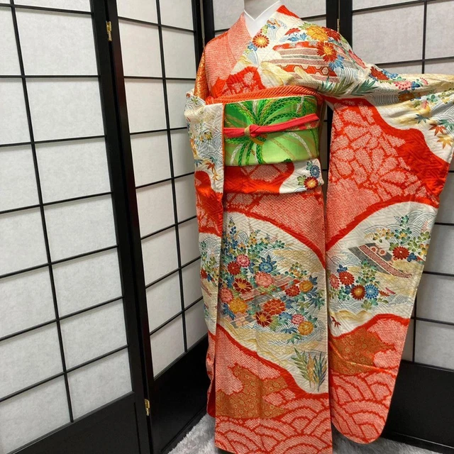 [6652] Furisode (long-sleeved kimono), pure silk, kimono only sold, Japanese vin