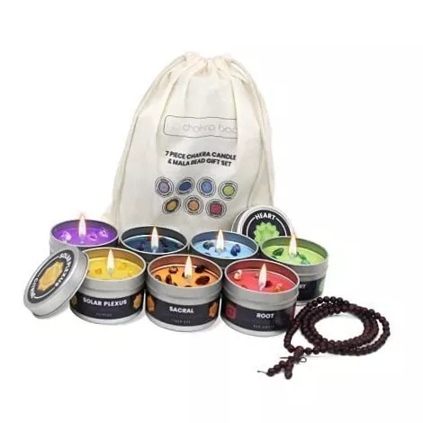 Chakra Candles (Set of 7) with Crystals & Mala Beads for Meditation,