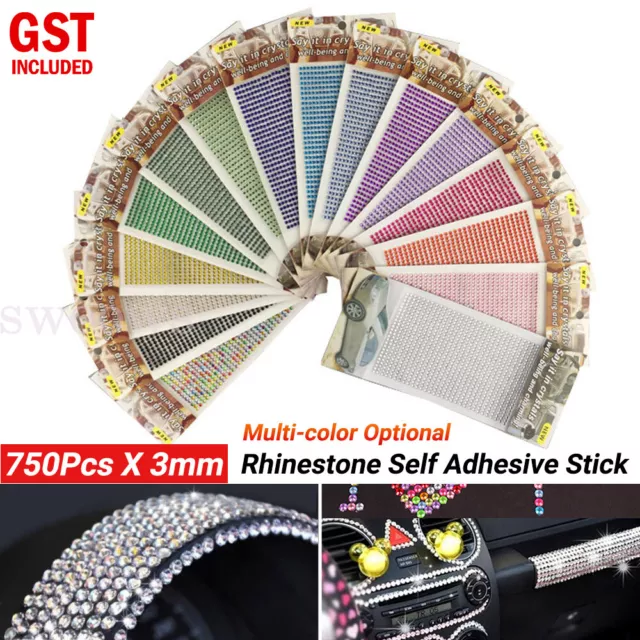 750pcs X 3mm Colours Rhinestone Gems Self Adhesive Stick on Crystals Stickers