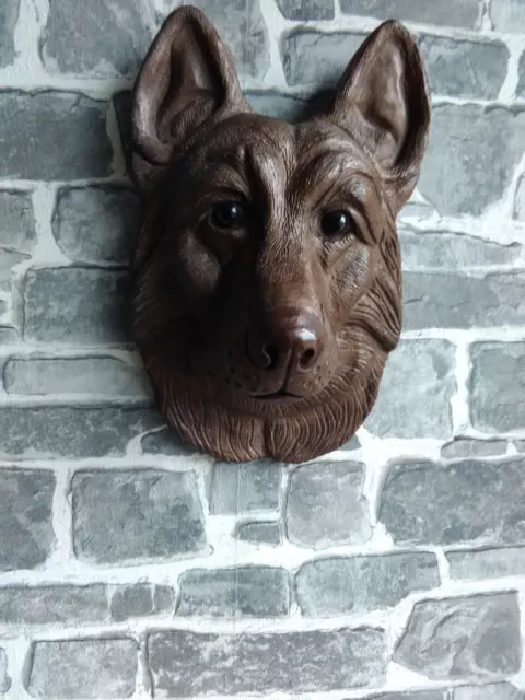 Large Bronzed Stone German Shepherd Alsatian Dogs Head Wall Memorial Sculpture