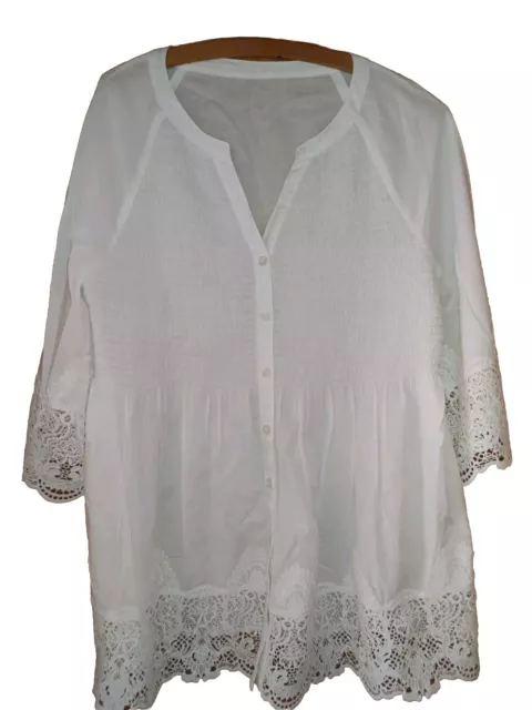 Häckel-Bluse mit 3/4 Arm Gr. 40/42 Weiß Damenbluse Sommerliche Tunika Hemd