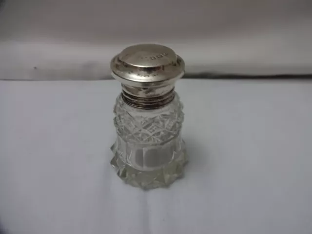 ANTIQUE CUT GLASS PERFUME POT/JAR 1919 SOLID SILVER LID/TOP with STOPPER 7 cm