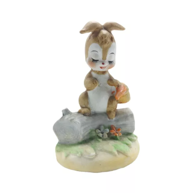 Vintage Bunny Rabbit Figurine Sitting Log Holding Basket Of Carrots 5461 Easter