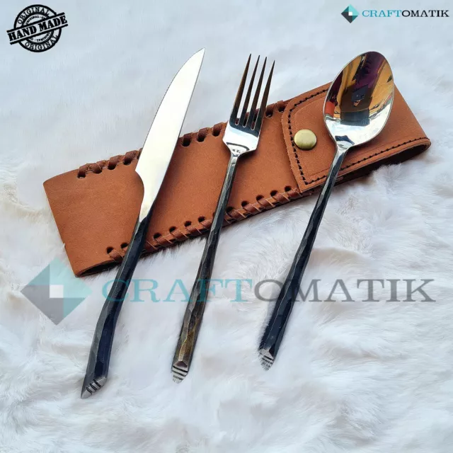 BBQ Cutlery Set Camping Cutlery Hand-Forged Mediaeval With Case Bag