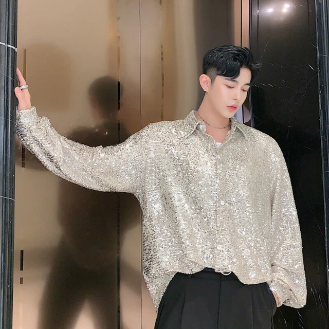 MEN SEQUINS BLOUSE Shirt Tops Shiny Glitter Disco Club Costume