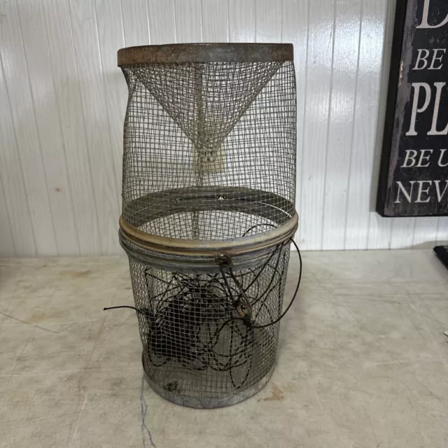 Vintage Galvanized Wire Mesh Minnow Trap Fishing Bait Trap Primitive Rustic