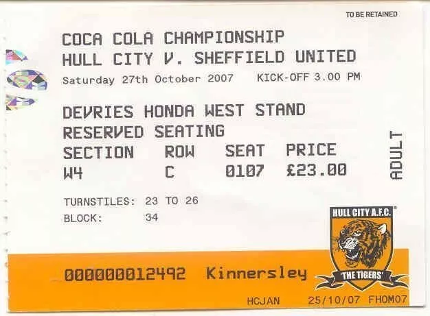 Ticket - Hull City v Sheffield United 27.10.07