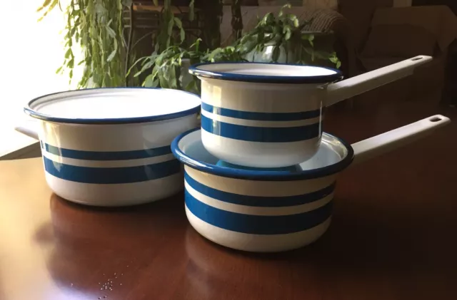 Vtg ERO Enamelware Stock Pot & 2 Sauce Pans White & Blue Stripes from Romania