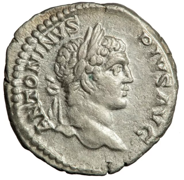 Silver denarius of Caracalla.  River god and captives.