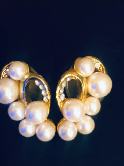 Gorgeous Estate Designer Faux Pearl Beaded Rhinestone Vintage Earrings