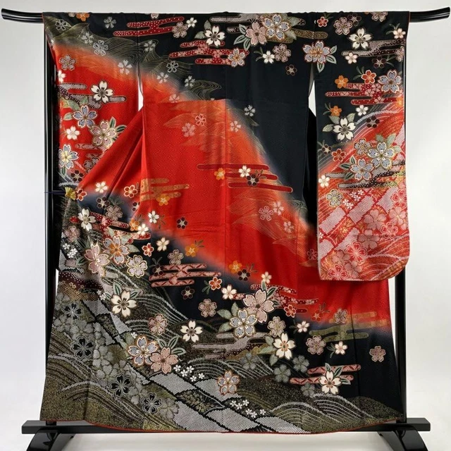 Woman Japanese Kimono Furisode Silk Cherry Blossom Egasumi Gold Foil Red