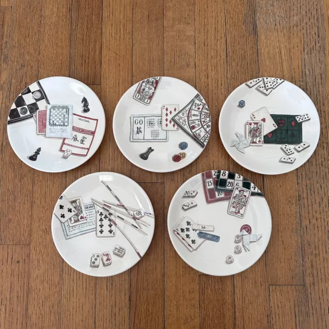 (5) Jeux Gien France Canape Bread Plates Set Games Cards 6-3/4" Appetizer Square