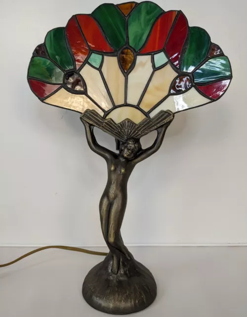 Art Deco Lady Table Lamp Winged Victory Tiffany Style Stained Glass Working PAT
