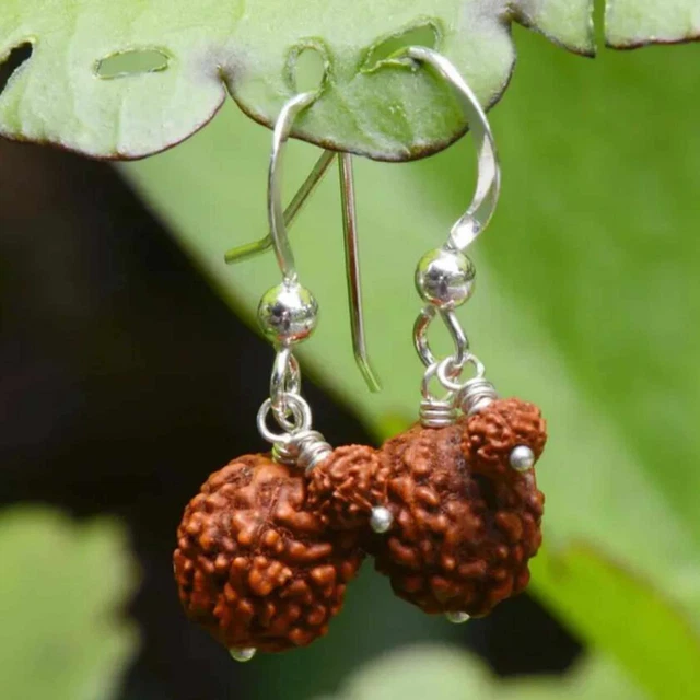 Fashion natural Double brown round Rudraksha silver earrings Gift Wedding