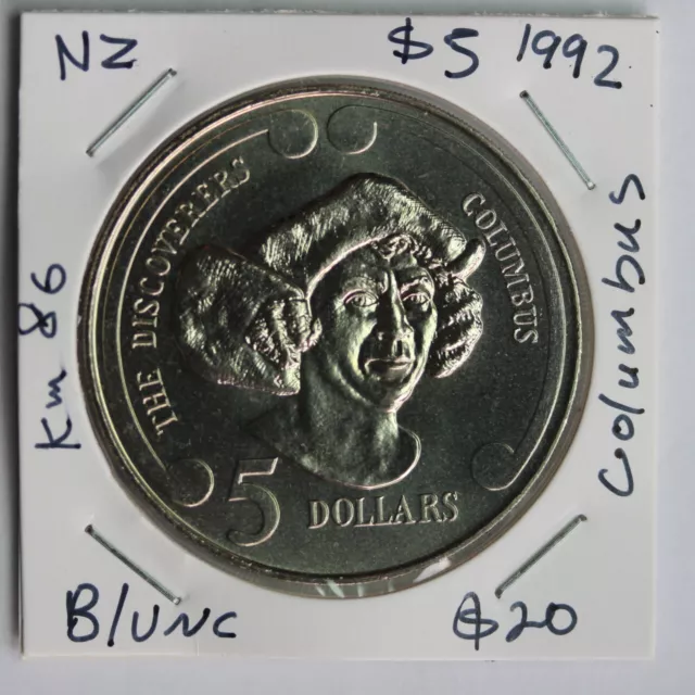 1992 New Zealand 5 Dollars Columbus $5 KM# 85 UNC  (AB22524/R255)