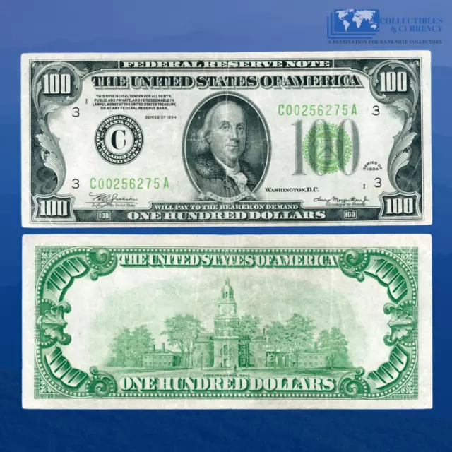 Fr.2152-C 1934 $100 One Hundred Dollars FRN Philadelphia, Lime GS,VF #6275