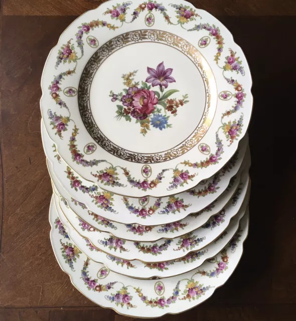 6 Bavaria Dinner Plates 11” Wildflowers Gold Porcelain Schumann Crown Mark V 70