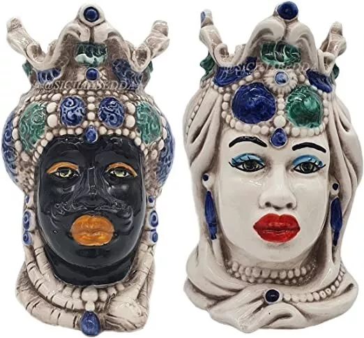 CERAMICHE CALTAGIRONE Coppia Teste Di Moro Siciliane Ceramica Fatte a Mano H 13