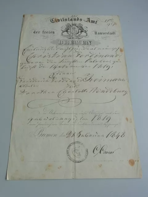 Geburtsbrief BREMEN 1848 Christian F. REIMANN (*1819), Signatur Gerhard CAESAR 2