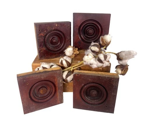 4 Plinth Blocks, Antique Bullseye Rosettes, Architectural Salvage Wood Trim C75