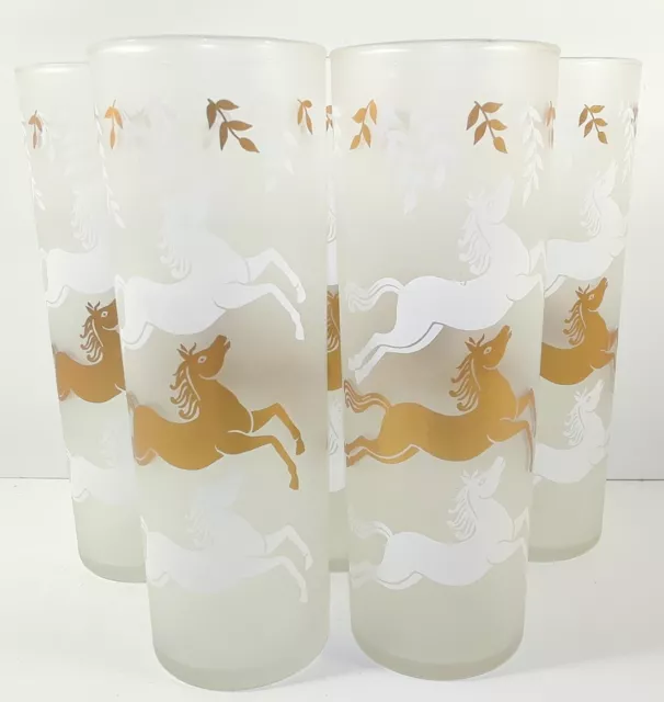 VINTAGE FROSTED GOLD AND WHITE CAVALCADE JUMPING HORSES BY LIBBY Set of 5 MCM