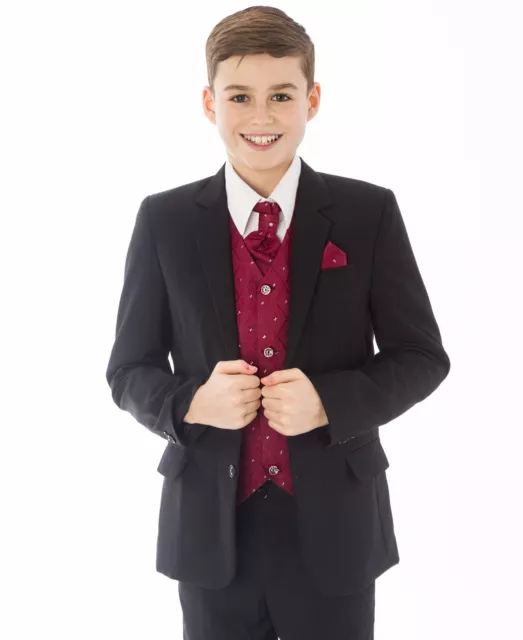 Boys Black Suit 5 Piece Wedding Page Boy Baby Formal Party Smart Black/Wine