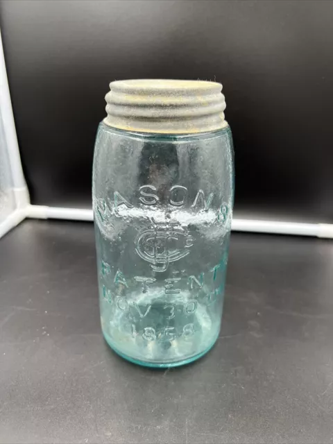 Vintage Mason's CFJ Patent Nov 30th 1858 Quart Light Aqua Blue Glass Jar Bubbles